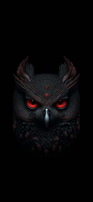 Mysterious owl with glowing red eyes on a deep black background | 4K Wallpaper for Mobile | Black and Red tones | Owl, Animal, Dark, Fantasy.