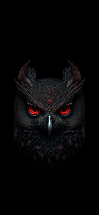 Mysterious owl with glowing red eyes on a deep black background | 4K Wallpaper for Mobile | Black and Red tones | Owl, Animal, Dark, Fantasy.