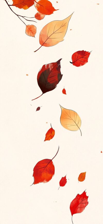 Autumn leaves fall gracefully in shades of orange, red, and yellow, creating a serene design on your mobile | 4K Wallpaper