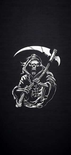 Grim Reaper stylized artwork with a scythe in a dark setting | Black, White, Grey | 4K Wallpaper for Mobile