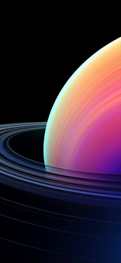 Vibrant Saturn-like planet with colorful rings against black, featuring purple, blue, pink, and orange hues | 4K Wallpaper for Mobile