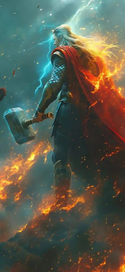 Thor with Mjolnir, dynamic lightning, and fire; red cape against a stormy background. | 4K Wallpaper for Mobile