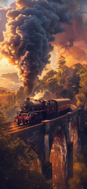 Steam train on stone bridge at sunset with lush greenery and vibrant clouds | Orange, brown, green tones | 4K Wallpaper for Mobile