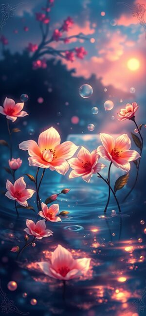 'Serene cherry blossoms floating on water at sunset with bubbles | 4K Wallpaper for Mobile | Pink, blue, orange hues'