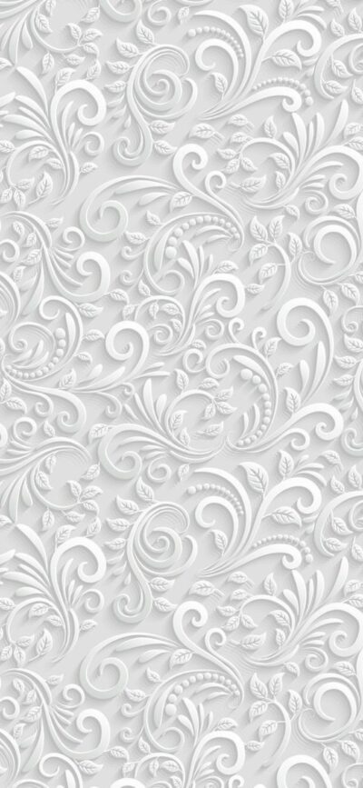 Monochromatic floral pattern with swirling leaves and curves, embossed for a 3D look | White & Grey | Floral Design | 4K Wallpaper for Mobile