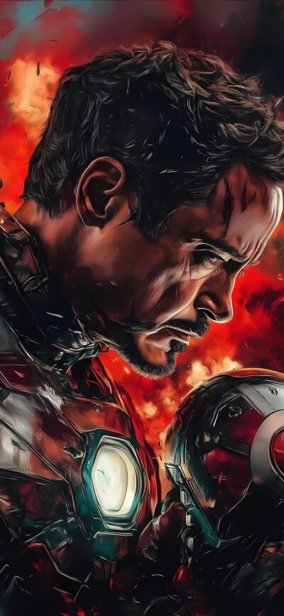 Iron Man in an intense fiery scene, showcasing determination. Vibrant red, black, and orange colors | 4K Wallpaper for Mobile