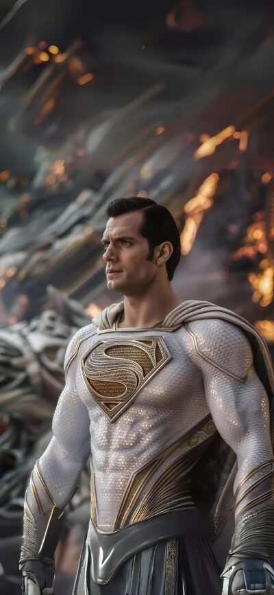 Superman in a silver gold costume against a fiery, metallic backdrop | 4K Wallpaper, for Mobile | Silver, gold, gray, orange colors