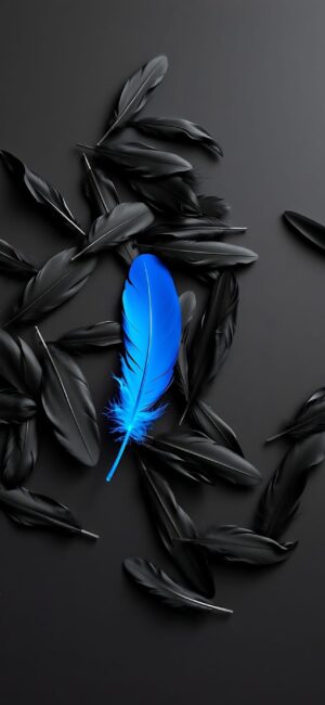 Blue feather amidst black feathers on dark background | Eye-catching contrast | 4K Wallpaper for Mobile