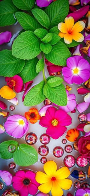 Vibrant flowers and green leaves with reflective spheres | 4K Wallpaper for Mobile | Colorful floral & nature theme.