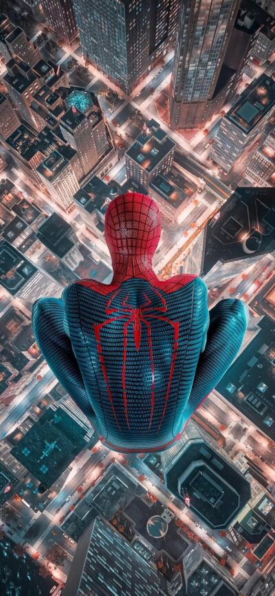 Spider-Man atop a high-rise overlooking a vibrant cityscape, iconic red and blue suit glowing. | 4K Wallpaper, for Mobile