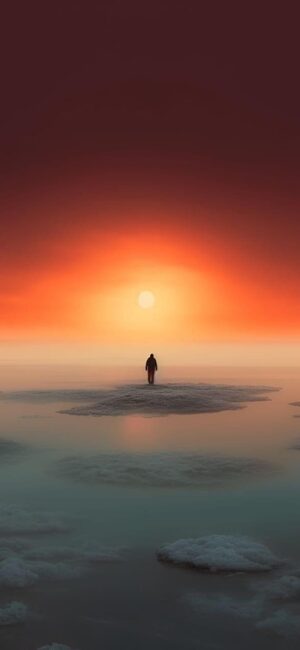 Solitary figure on snowy ground gazing at a vibrant sunset with pastel clouds and orange glow. | UHD Wallpaper for Mobile