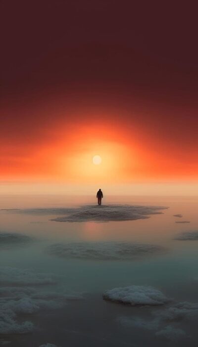 Solitary figure on snowy ground gazing at a vibrant sunset with pastel clouds and orange glow. | UHD Wallpaper for Mobile