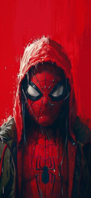 Spider-Man in a red hooded jacket on a textured red background. Perfect for mobile screens. | UHD Wallpaper, for Mobile