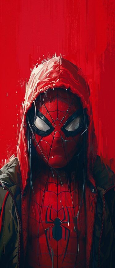Spider-Man in a red hooded jacket on a textured red background. Perfect for mobile screens. | UHD Wallpaper, for Mobile