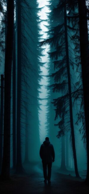 Silhouette walking in misty, dense forest creates eerie solitude with blue and black tones | UHD Wallpaper for Mobile