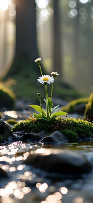 Daisy blooming in serene forest with lush moss and bokeh sunlight | Green, white, brown | Nature, flower, forest | UHD Wallpaper for Mobile