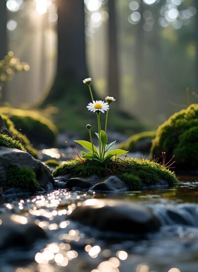 Daisy blooming in serene forest with lush moss and bokeh sunlight | Green, white, brown | Nature, flower, forest | UHD Wallpaper for Mobile