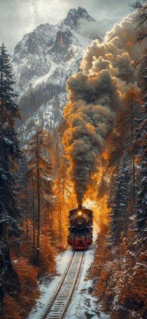 Steam train traversing snowy forest with autumn leaves and mountains. Gray, white, orange, brown hues | UHD Wallpaper for Mobile