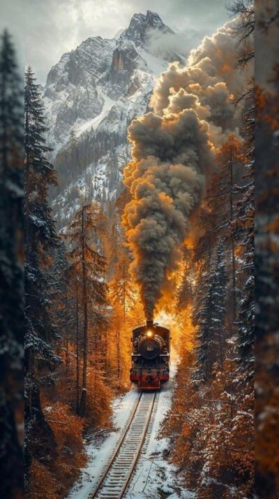 Steam train traversing snowy forest with autumn leaves and mountains. Gray, white, orange, brown hues | UHD Wallpaper for Mobile