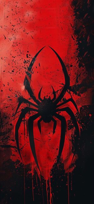 Abstract spider on vivid red background with splatter effects | Superhero Theme | For Mobile | UHD Wallpaper