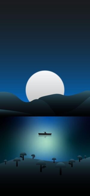 Serene landscape wallpaper with moonrise over hills, a boat, reflective water, and mushrooms under a gradient night sky for Mobile | UHD Wallpaper