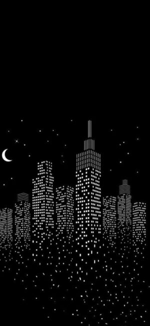 Cityscape at night, silhouetted buildings, crescent moon, minimalist style, monochrome, stars | UHD Wallpaper for Mobile