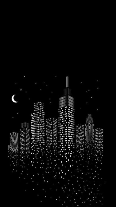 Cityscape at night, silhouetted buildings, crescent moon, minimalist style, monochrome, stars | UHD Wallpaper for Mobile