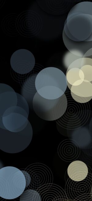 Abstract design with circular patterns and concentric circles on dark background. Black, blue, beige hues | 4K Wallpaper for Mobile