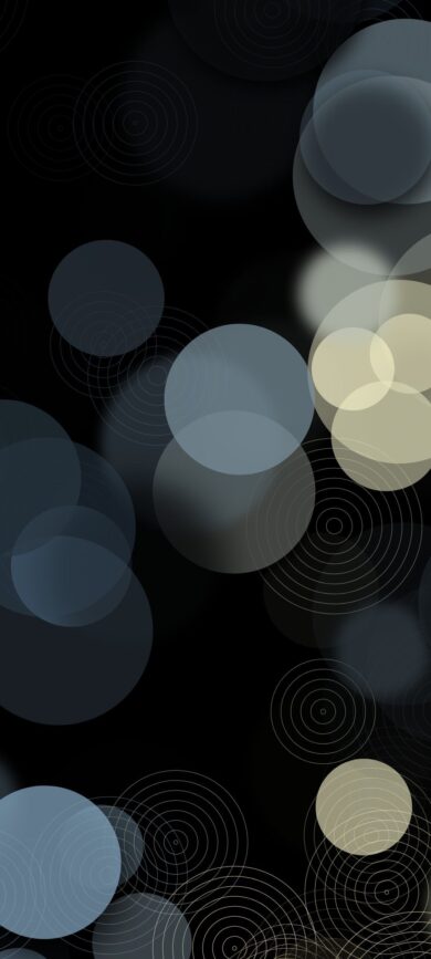 Abstract design with circular patterns and concentric circles on dark background. Black, blue, beige hues | 4K Wallpaper for Mobile