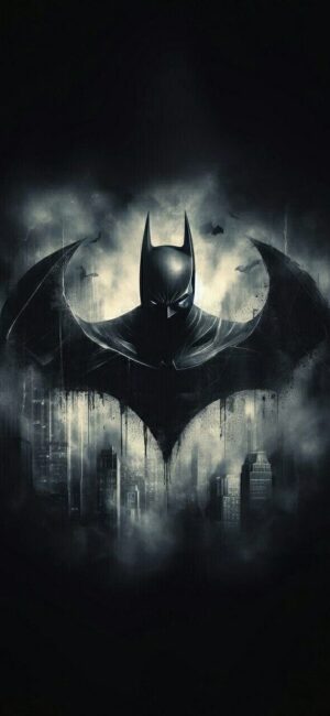 Batman against a moody urban skyline, iconic bat symbol in misty cityscape, heroic DC vibe | UHD Wallpaper for Mobile