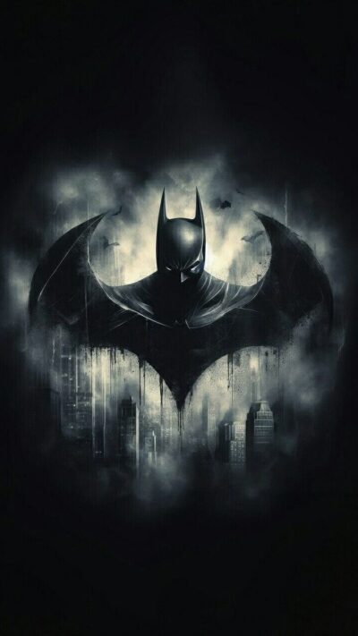 Batman against a moody urban skyline, iconic bat symbol in misty cityscape, heroic DC vibe | UHD Wallpaper for Mobile