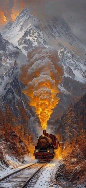 Vintage steam train in snowy mountains with orange-yellow smoke, autumn trees, and snowy peaks | UHD Wallpaper for Mobile