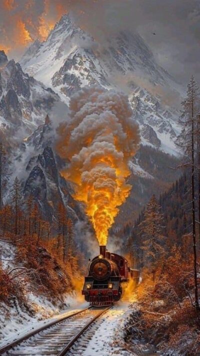 Vintage steam train in snowy mountains with orange-yellow smoke, autumn trees, and snowy peaks | UHD Wallpaper for Mobile