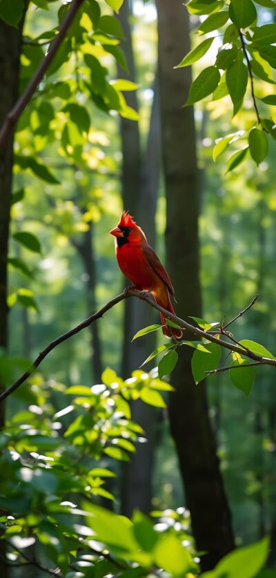 Red cardinal in a lush green forest with sunlit leaves | UHD Wallpaper, for Mobile