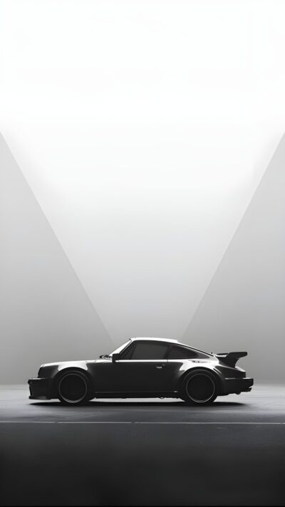 Black retro sports car in minimalist setting with modern lines | UHD Wallpaper for Mobile