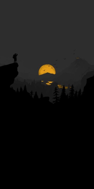 Silhouette of a hiker on a cliff with sunset, mountains, trees, and flying birds | UHD Wallpaper for Mobile | Black, Yellow/Golden.