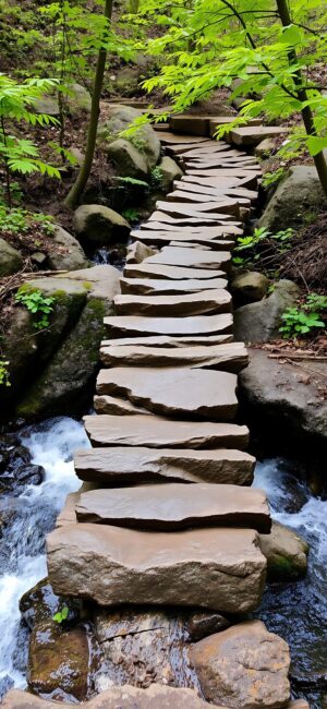Serene stone pathway over a stream, lush greenery & moss rocks, forest ambiance | Green, Brown, Blue, Grey | UHD Wallpaper for Mobile
