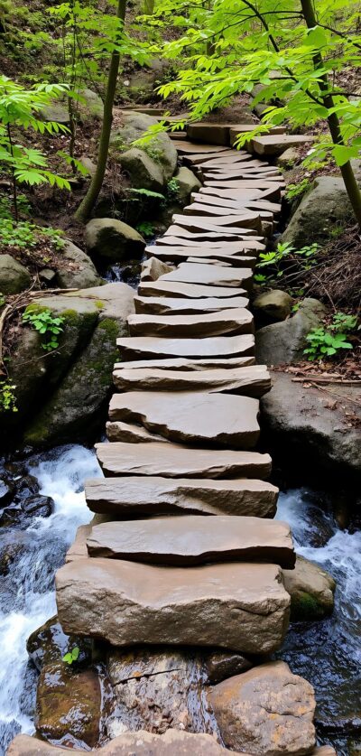 Serene stone pathway over a stream, lush greenery & moss rocks, forest ambiance | Green, Brown, Blue, Grey | UHD Wallpaper for Mobile
