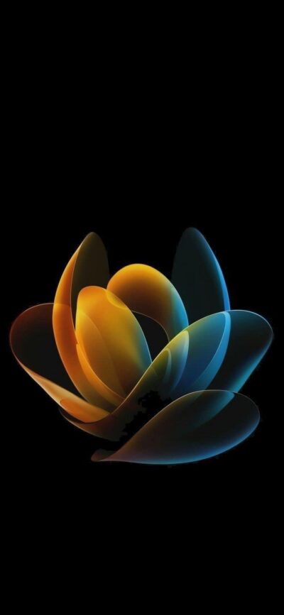 Abstract flower design with vibrant orange, blue, yellow gradients on dark background. Overlapping petals add depth. | UHD Wallpaper for Mobile