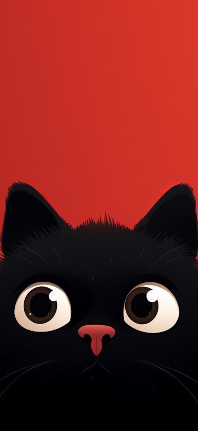 Cute black cartoon cat with large eyes on a red background | 4K Wallpaper, for Mobile | Black and red minimalistic design