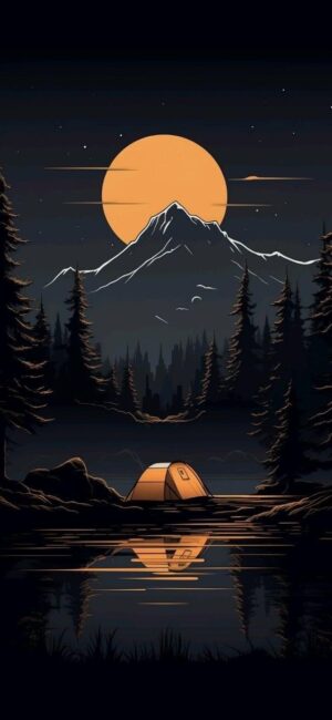 Serene nighttime camping by a lake, pine trees, and a moonlit mountain | Black, Orange, Dark | UHD Wallpaper for Mobile