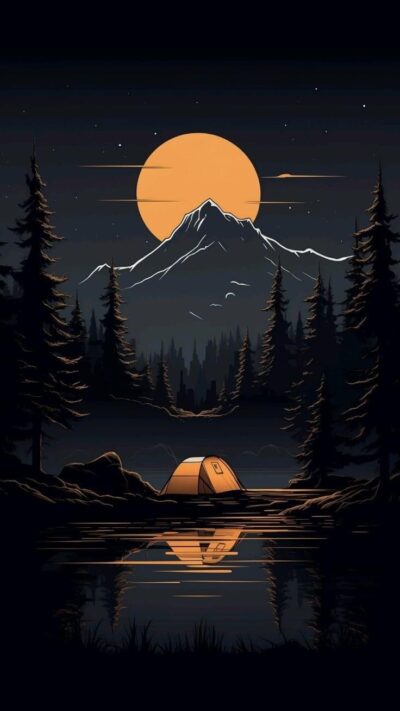 Serene nighttime camping by a lake, pine trees, and a moonlit mountain | Black, Orange, Dark | UHD Wallpaper for Mobile