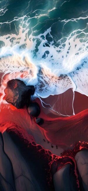 Aerial view of ocean waves on red rocky shore, vibrant contrast of blue and red, white foam texture | UHD Wallpaper for Mobile