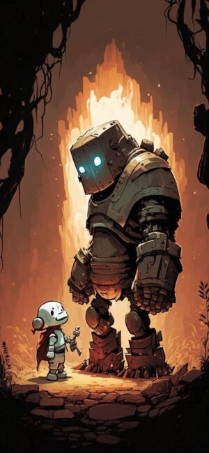 Charming illustration of small robot with larger robot in fantasy setting; warm, glowing colors. | UHD Wallpaper for Mobile