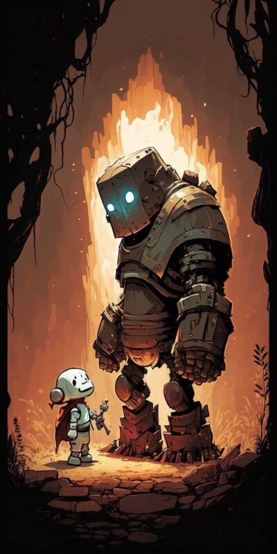 Charming illustration of small robot with larger robot in fantasy setting; warm, glowing colors. | UHD Wallpaper for Mobile