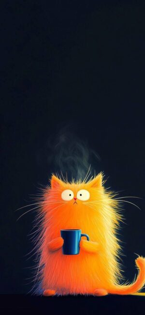 Whimsical orange cat with a blue mug on a dark background | Fun & quirky vibe | For Mobile | UHD Wallpaper