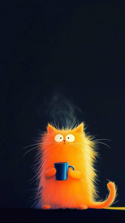Whimsical orange cat with a blue mug on a dark background | Fun & quirky vibe | For Mobile | UHD Wallpaper