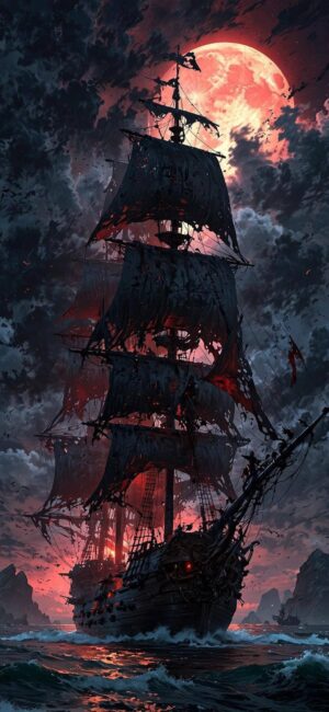 Ghostly pirate ship sailing under blood-red moon, dark clouds, and rough seas create a haunting atmosphere. | UHD Wallpaper for Mobile