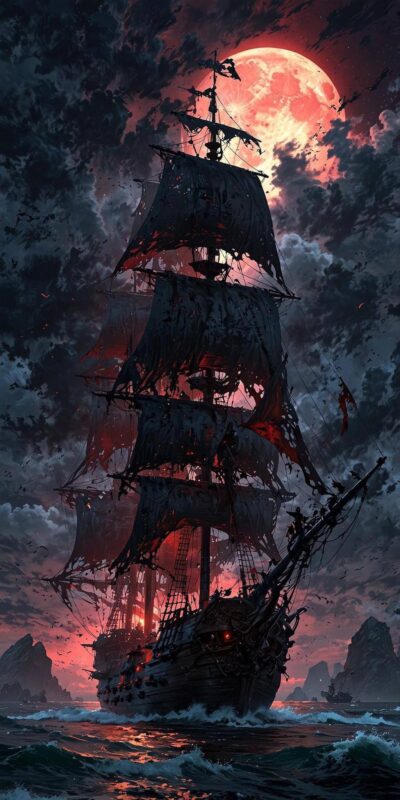 Ghostly pirate ship sailing under blood-red moon, dark clouds, and rough seas create a haunting atmosphere. | UHD Wallpaper for Mobile