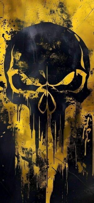 Punisher logo with dripping paint in black and yellow, exuding edgy Marvel style. | UHD Wallpaper for Mobile